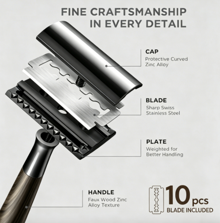Premium Wood-Effect Zinc Alloy Double-Edge Safety Razor